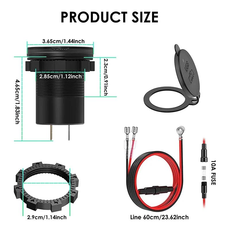 USB-C 48W Car Charger Socket 12/24V QC3.0 & PD Outlet Fast Charging with Voltmeter ON/OFF Power Switch for Car Boat Motorcycle