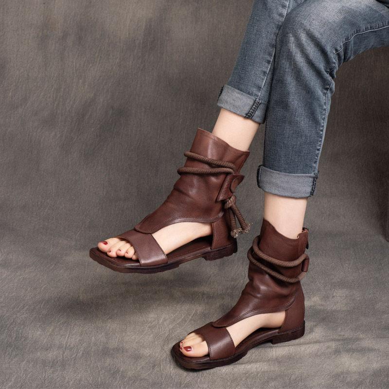 Summer New Casual Ladies Open Toe Platform Genuine Leather High Top Rome Sandals Solid Color Cowhide Female Comfortable Footwear