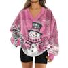 Women's Fashionable V-neck Christmas Printed Long Sleeved Casual Pullover Plush Warm Sweatshirt Top