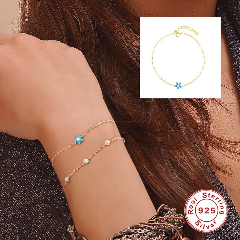 S925 Sterling Silver Personalized Creative Flower Turquoise Temperament Bracelet Style Wear Jewelry
