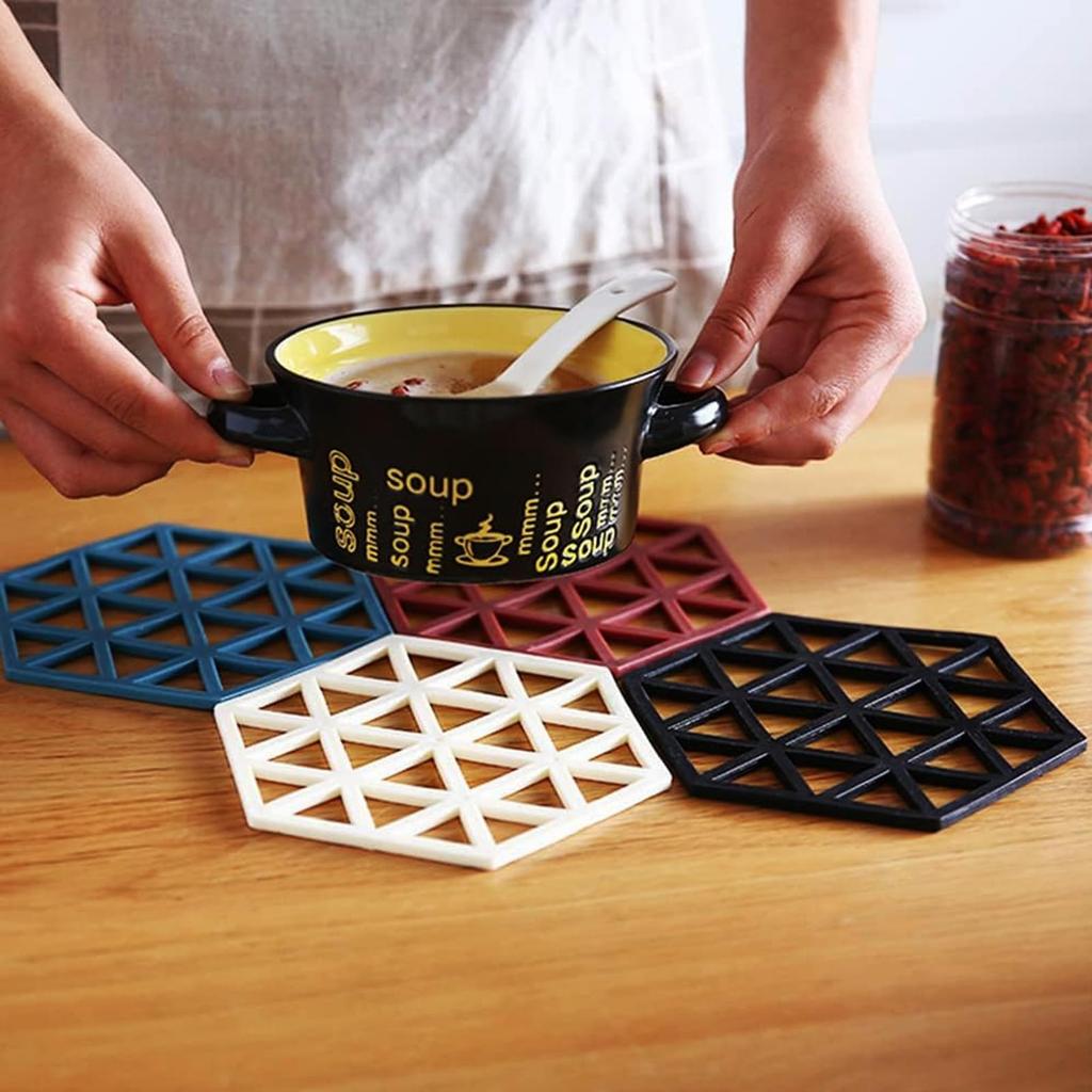 Hexagon PP Trivet Mat Set of 8 - Silicone Coasters with Anti-Scalding Non-Slip Hollow Design for Hot Cups Tea Wine Beer - Durable Potholders in Trian