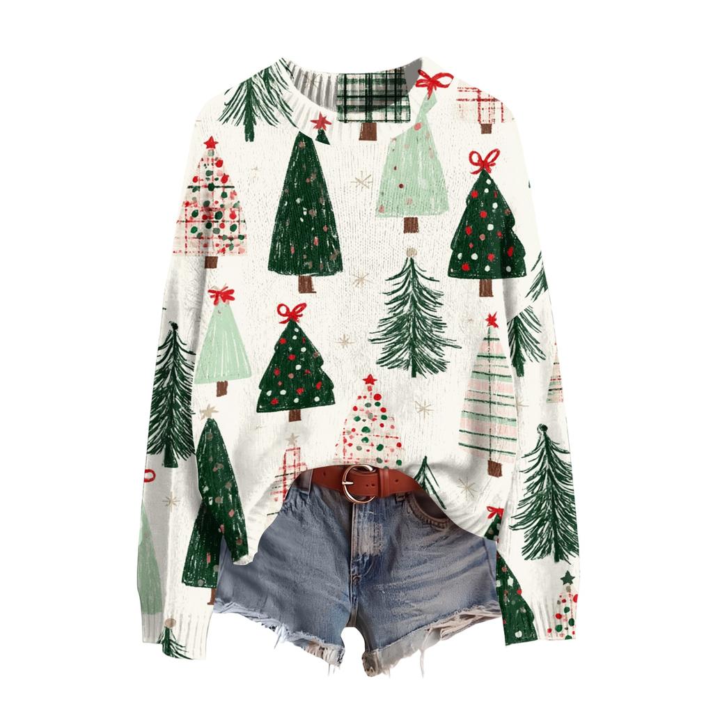 Women's Soft Christmas Print Crewneck Long Sleeve Sweater for Fall and Winter