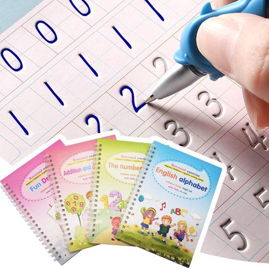 4Pcs/Set Grooved Copybook Handwriting Workbook Kit with Letters Numbers Tracing Reusable Math Drawing Practice Book for Kids