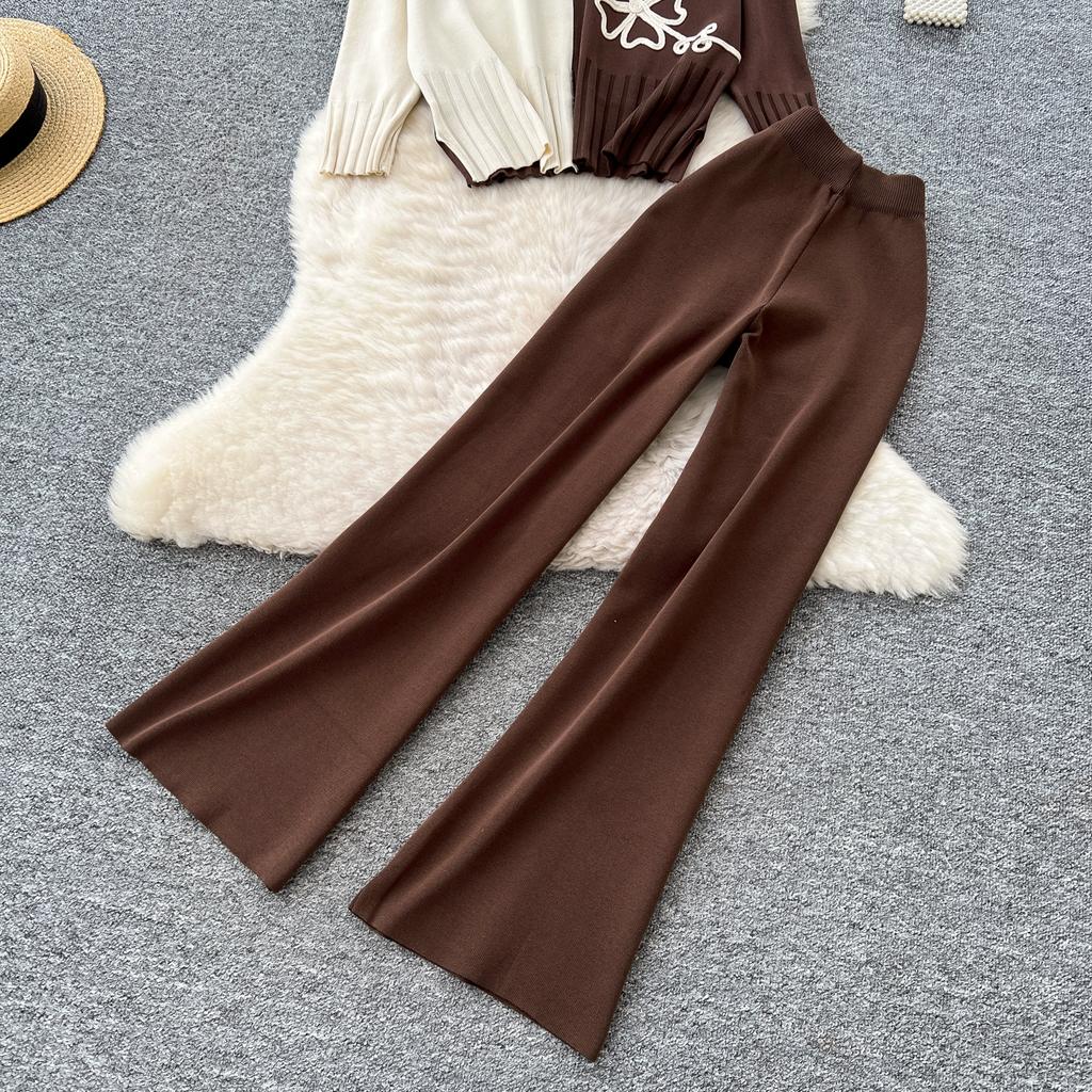 Autumn Winter Women Casual Plate Flower Knitted Sweater Trouser Two Piece Set O-neck Pullover Tops and Wide Leg Pant Suit