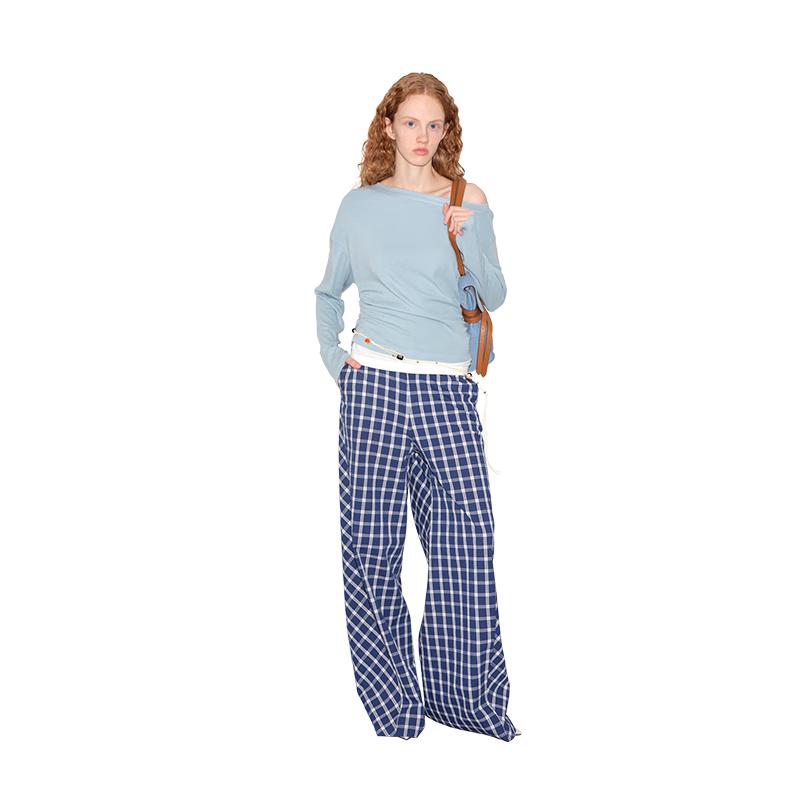 

GREEN BELT City Roam 25 Blue Plaid Patchwork Wide-Leg Casual Pants L