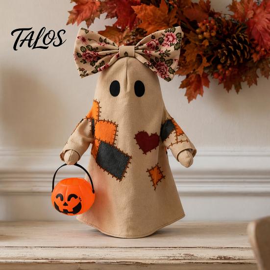 Soft Illuminated Ghost Statue Lighted Vintage Patchwork Ghost, Halloween Light Up Quilted Doll with Pumpkin Fabric Ornament Lantern, Rustic Farmhouse