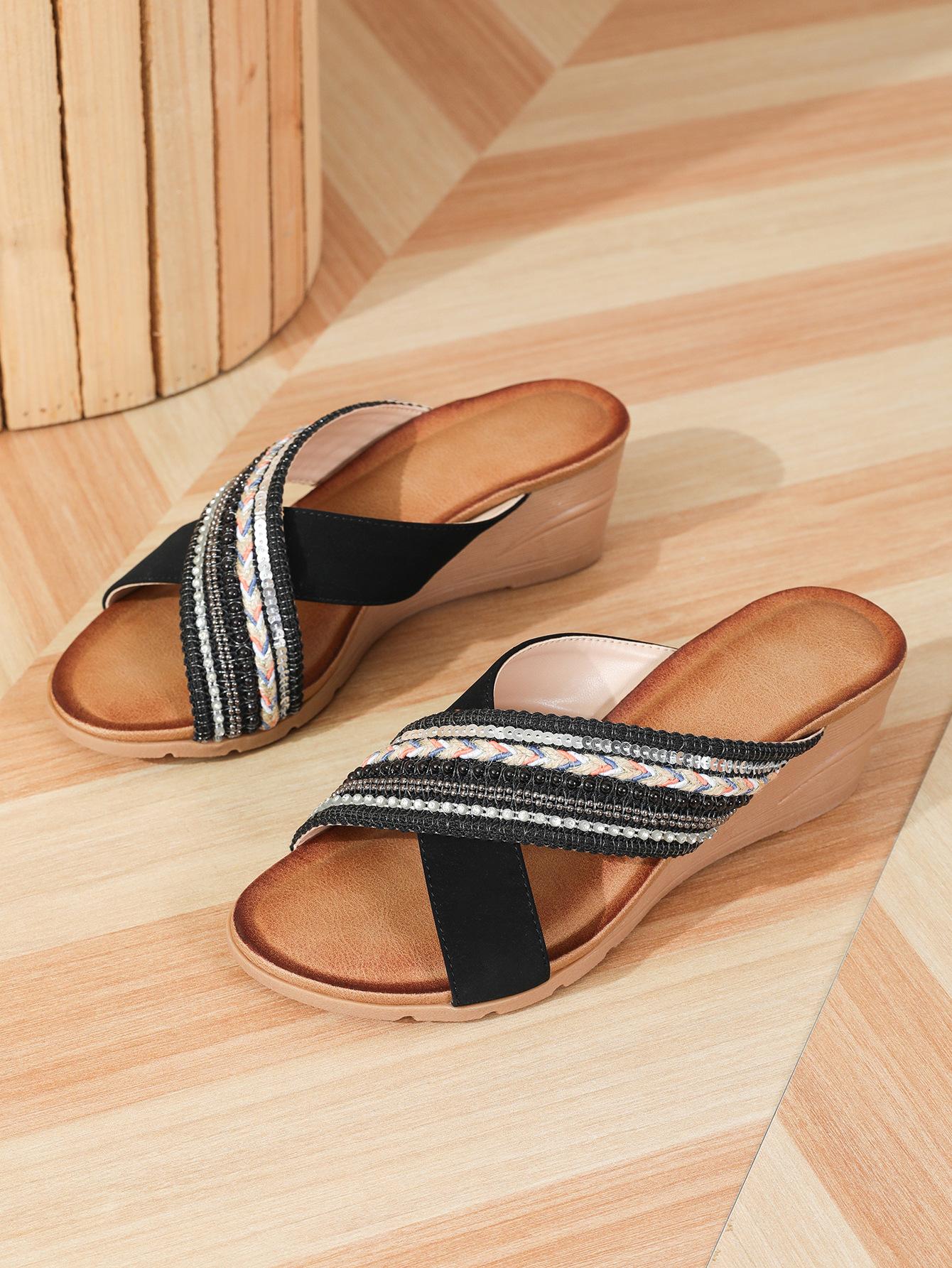 

Женская обувь в богемном этническом стиле, модные тапочки со стразами, на платформе и танкетке, повседневная женская обувь 43 чёрный