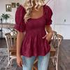 Womens Short Puff Sleeve Square Neck Smocked Peplum Blouse Casual Loose Fit Tiered Ruffle Hem Top for Daily Wear