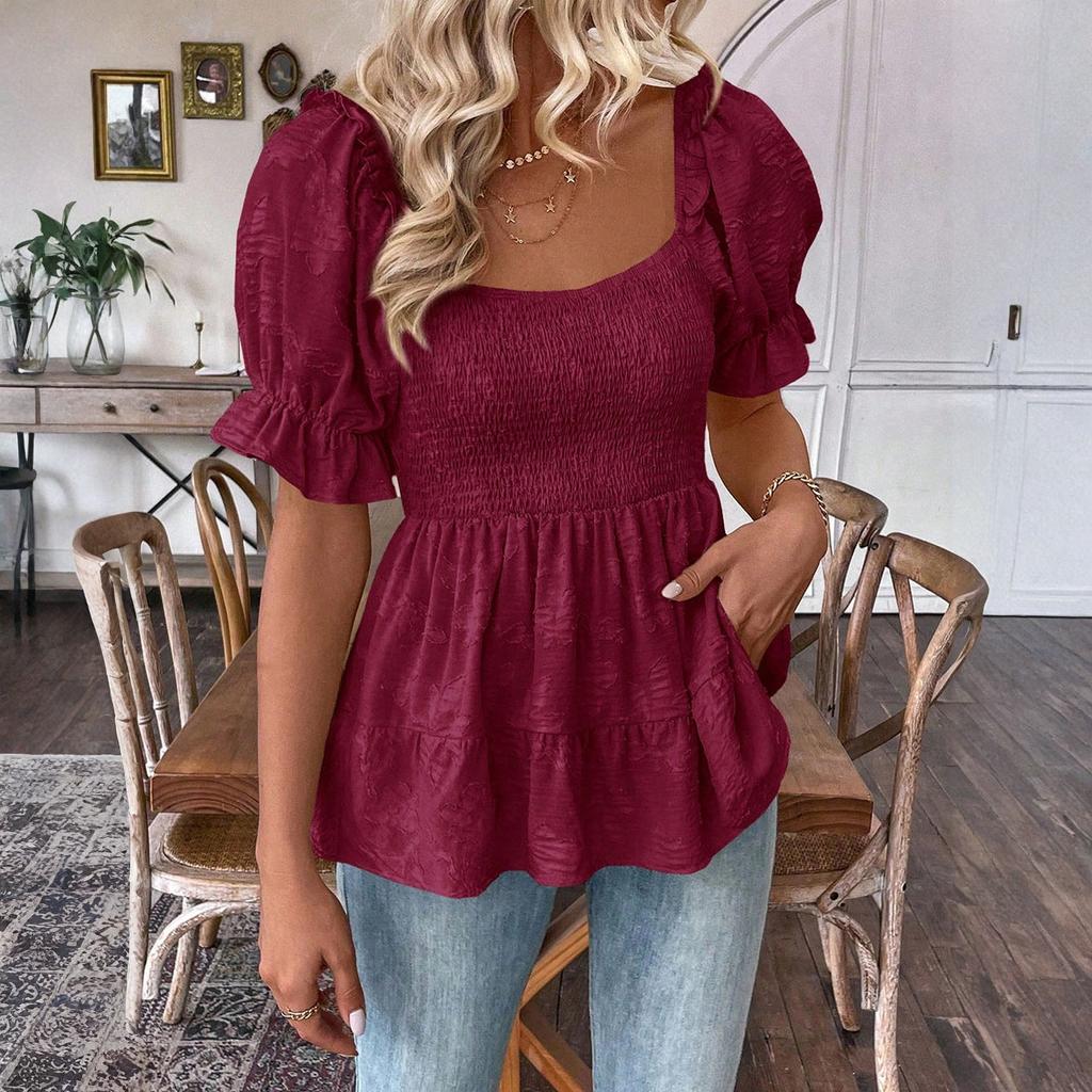 Womens Short Puff Sleeve Square Neck Smocked Peplum Blouse Casual Loose Fit Tiered Ruffle Hem Top for Daily Wear
