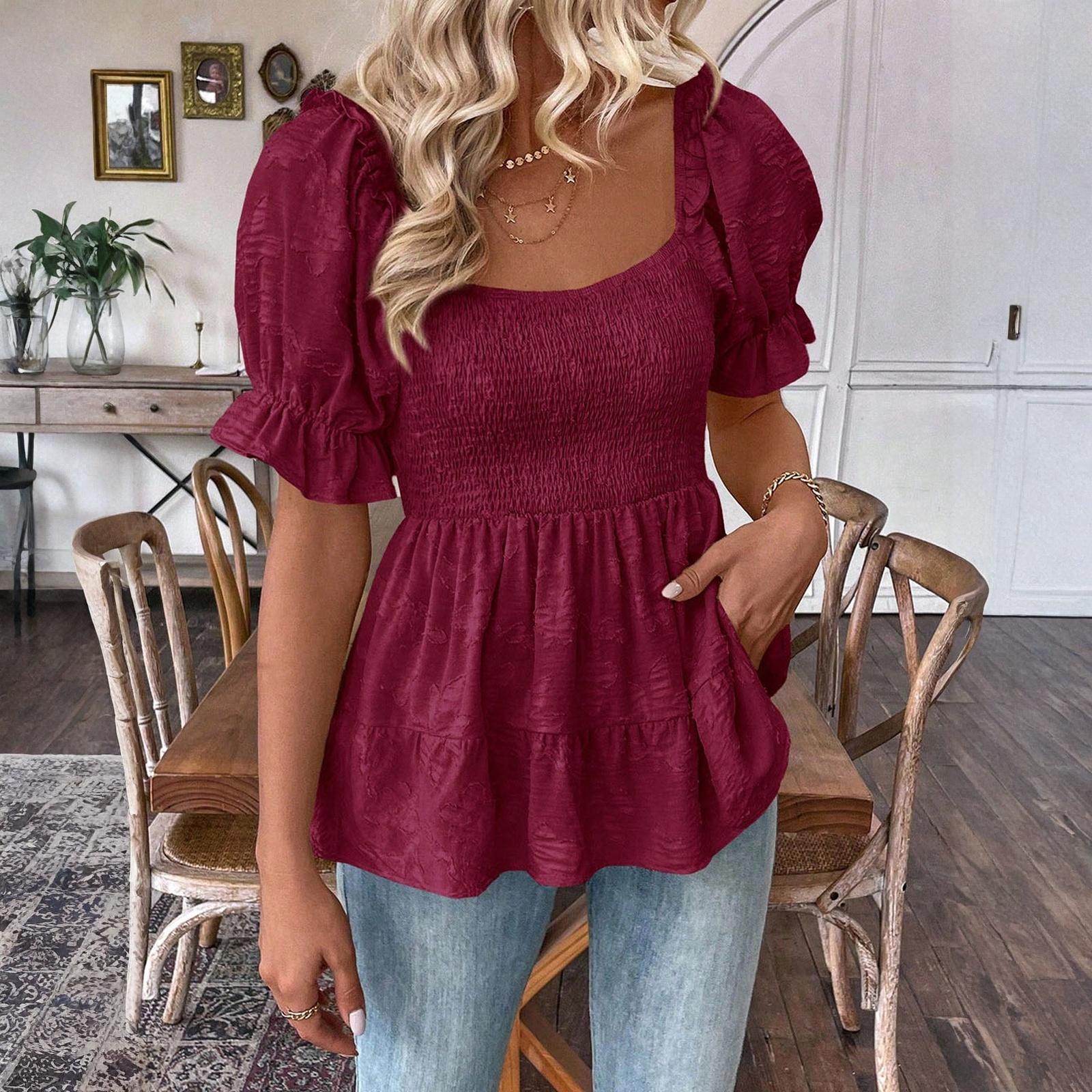 

Женский модный цветной квадратный вырез короткий рукав-пузырь комплект на талию топ XL винный