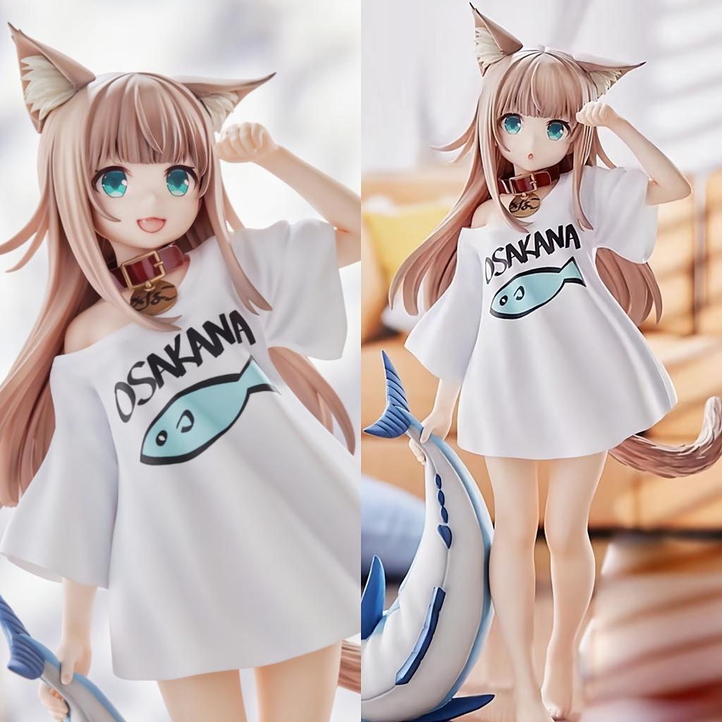 Cartoon-Katzenmädchen sitzt und isst Fisch Sojabohnenpulver Sitzhaltung kann Gesicht ändern Schönes Mädchen Figur Modell Spielzeug Geschenk