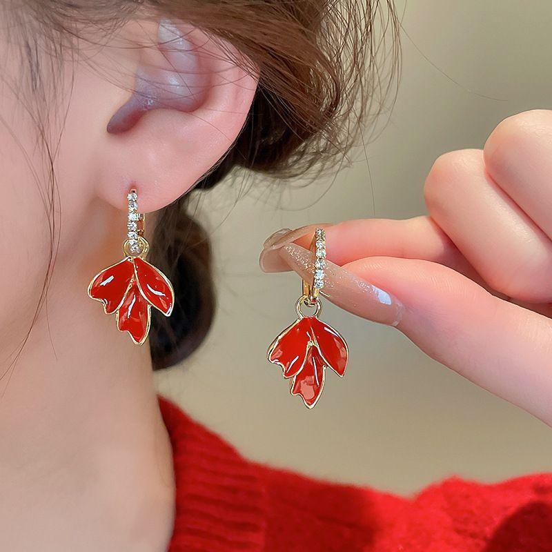 Vintage Red Color Maple Leaf Inlay Zirconl Metal Earrings For Women  Personalization Jewelry Gift