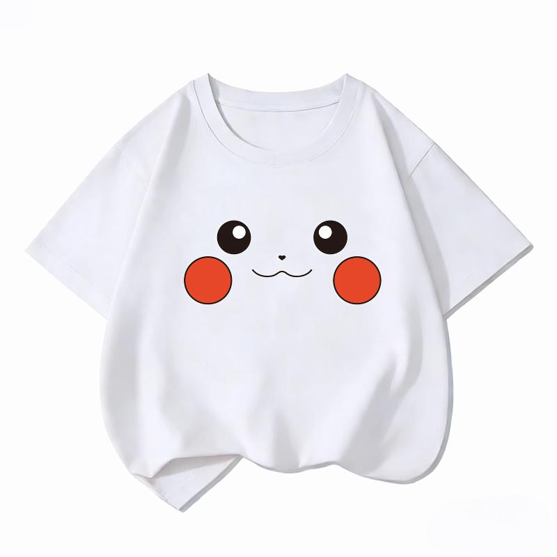 Potdemiel Kids Cotton Tshirt Cute Pikachu Face Print Summer Short Sleeve Breathable Crew Neck Boys Girls Casual Tops