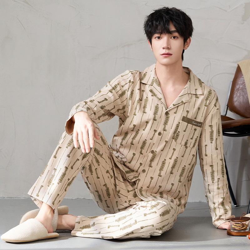 Antibakterieller Herren-Schlafanzug aus reiner Baumwolle der Klasse A – Langarm-Strickjacke für Frühjahr/Herbst 2025, lässige Heimkleidung