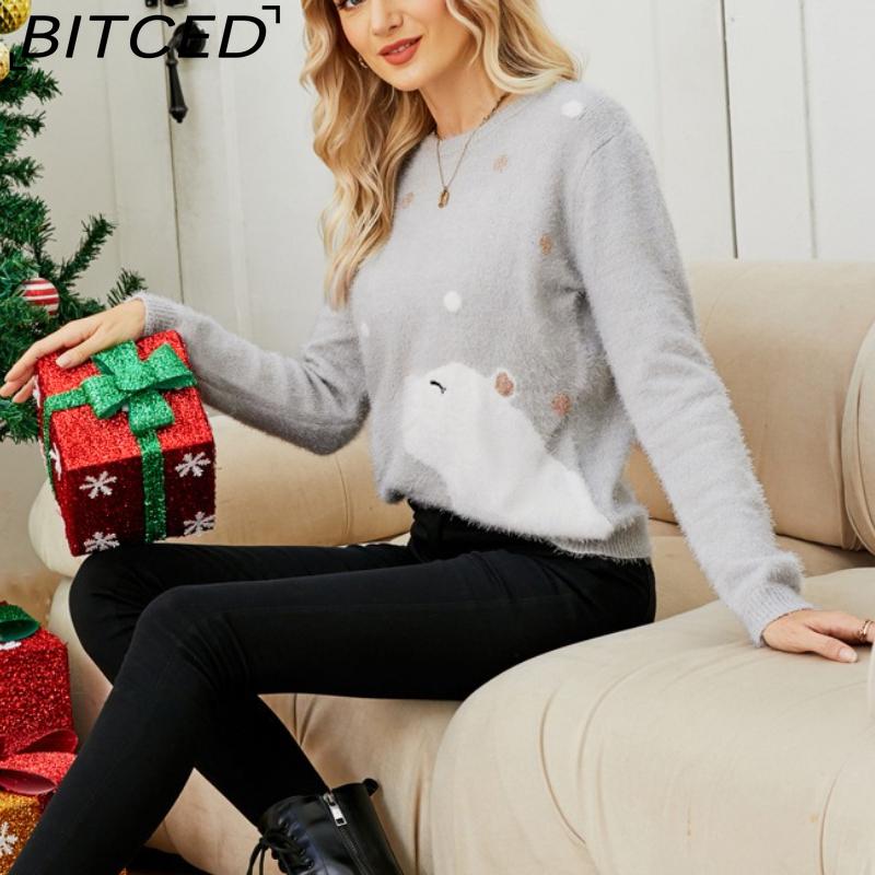 BITCED Top Tricotado Natal Desenho Animado Jacquard Tricô Suéter Urso Bordado Jumper de Natal