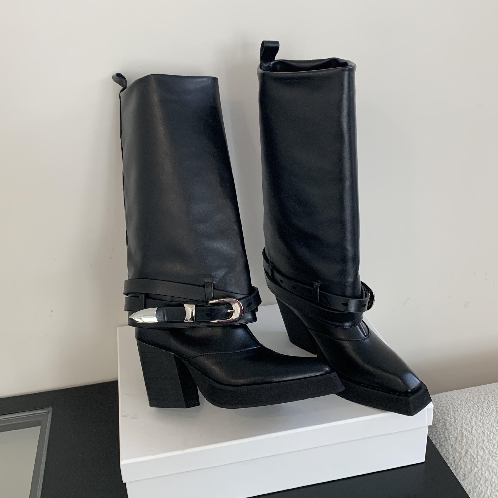 

European and American retro western cowboy thick heel black long boots niche Spice girl square head boots belt buckle pants boots 40 чёрный