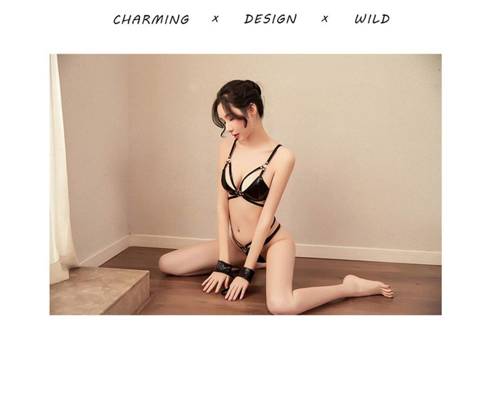 Sexy PU Leather Lingerie Cutout Bikini Swimsuit Top and Bottom Set Harness Bra Mistress Slave Bundled SM Costume Underwear [XuanXuan] G-String Women's