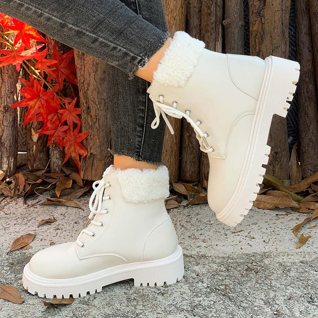 Fashion Women Ankle Boots Autumn Winter PU Leather Platform Shoes Female Anti-Slip Warm Fleece Lined Thicken Casual Snow Boots