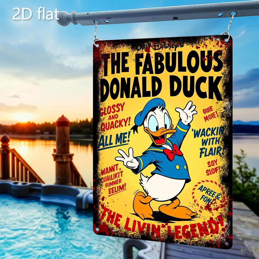 2D Flat, Disney Vintage Metal Wall Decor - Donald Duck Retro Decoration with Fabulous Title - Heavy-Duty Tinplate Sign for Home,