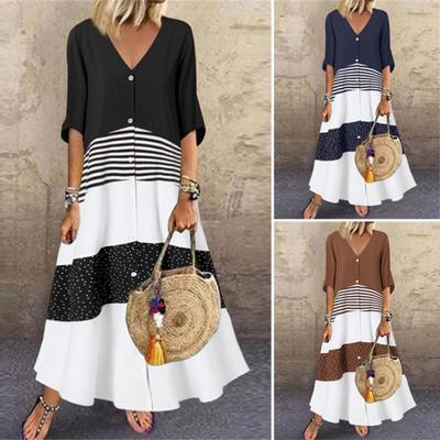 Vestido feminino com decote em V e meia manga, vestido longo solto vintage, vestido maxi swing