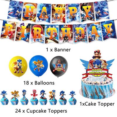 44pcs Sonic Birthday Party Decorations Include Banner Balloons Cake Toppers