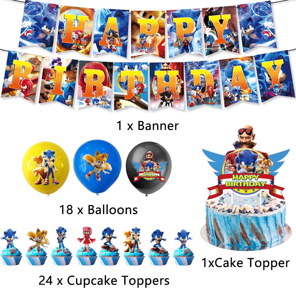 

44Pcs Sonic Birthday Party Decorations Include Banner Balloons Cake Toppers