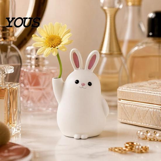 Rabbit Shape Vase 3D Printed Ornament, White Bunny Flower Holder Matte Container, Animal Desktop Decoration for Home Office Ornament