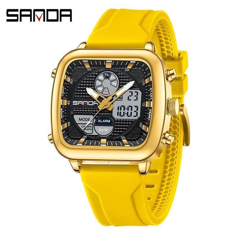 SANDA Retro Square Double Display Electronic Watch Night Light Waterproof Business Leisure Men's Watches Sports Silicone Strap Wristwatch