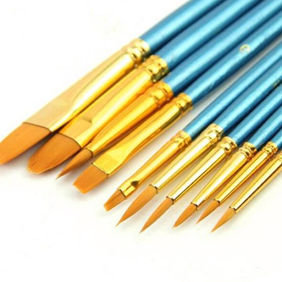 10x Round Pointed/Flat Tip Nylon Hair Acrylic Watercolor Artist Paint Brush