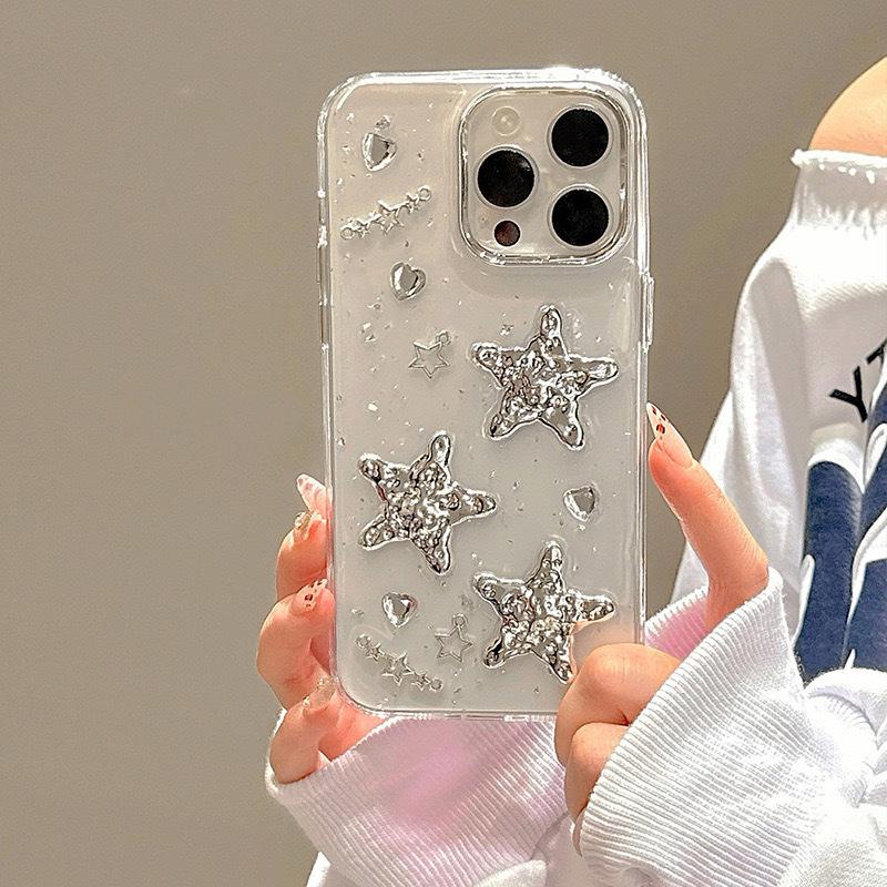 Rhinestone Love Electroplated Five-pointed Star Mobile Phone Case for IPhone17Promax Letters for Apple 16 Silver Foil Transparent