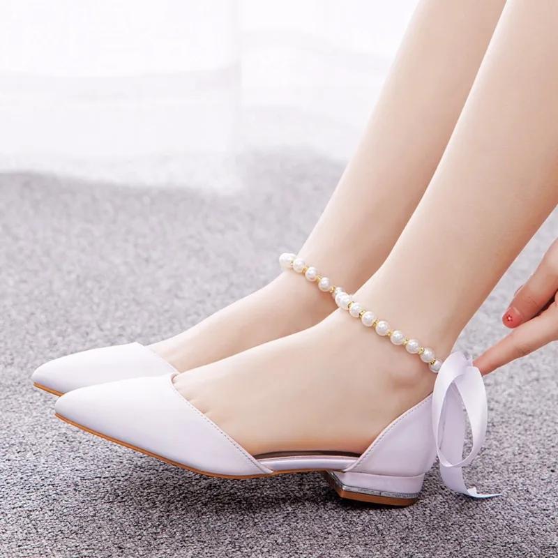 Quality Women Sandals Female String Bead Silk 2CM Square Heel Buckle Strap Ribbon Bohemian Sweet Bride Women's Dress Shoes White