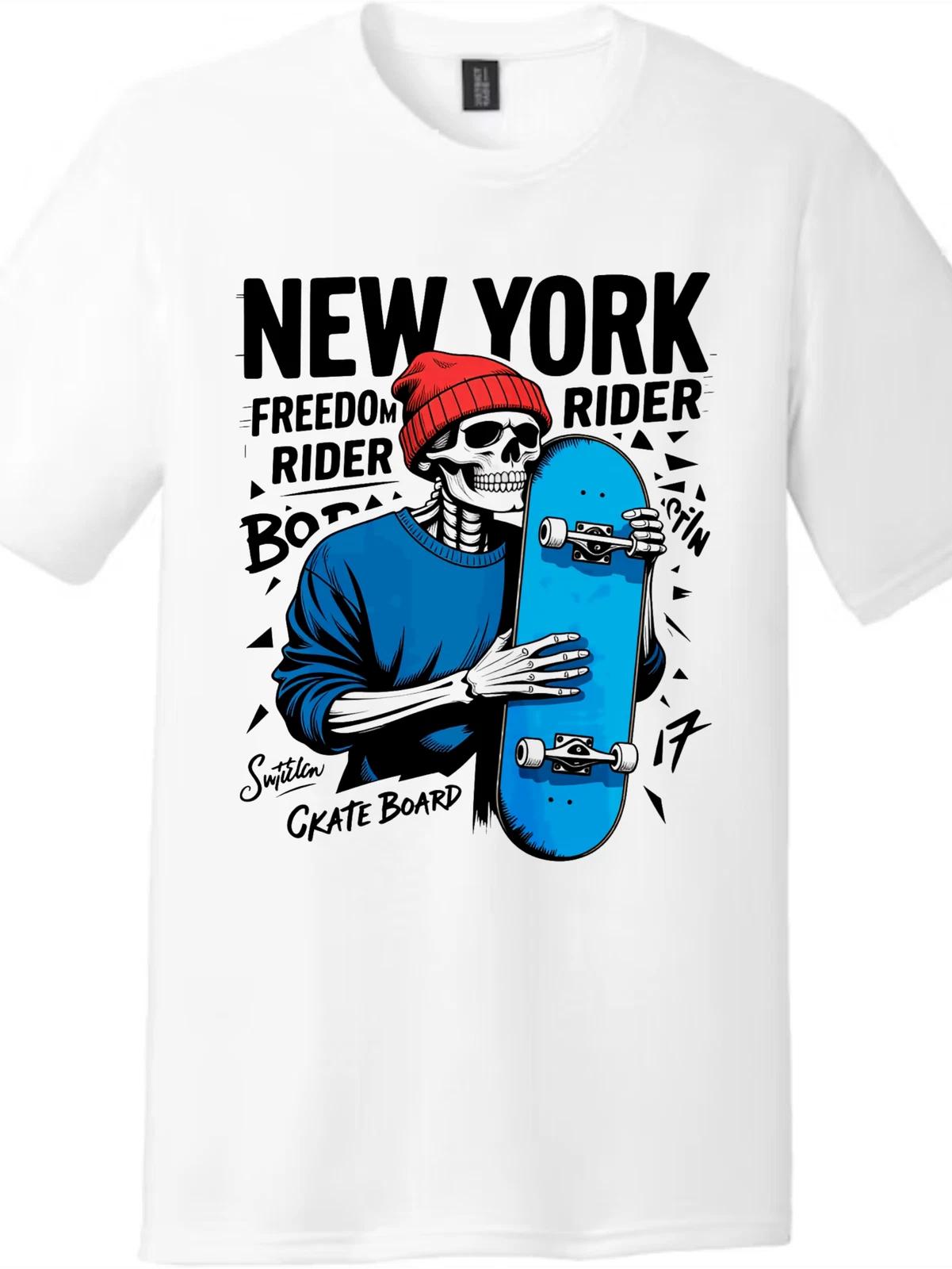 New York Freedom Rider Skeleton Skater Graphic Tee - Unisex Skate T-Shirt XXL