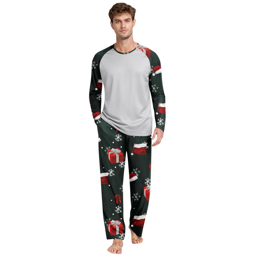 Men's Printed Round Neck Top Casual Comfortable Long-Sleeved Pants Pajama Set