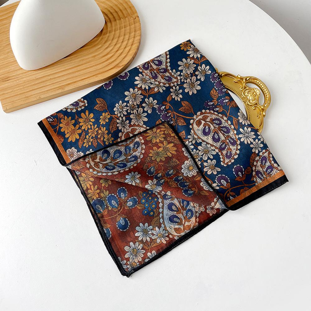 Retro Flower Silk Scarf Autumn and Winter Temperament Elegant Scarf Herringbone Silk Scarf Double-sided Literary Square Scarf Cotton and Linen Square