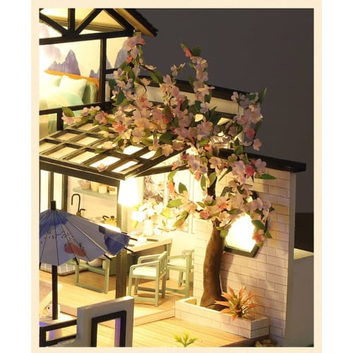 Moin moin miniatura domku dla lalek w skali 1/24, ręcznie robiony zestaw do samodzielnego montażu, przedstawiający dom wypełniony kwiatami, przypominający malarstwo tuszem, instrukcje w języku angielskim, LED li