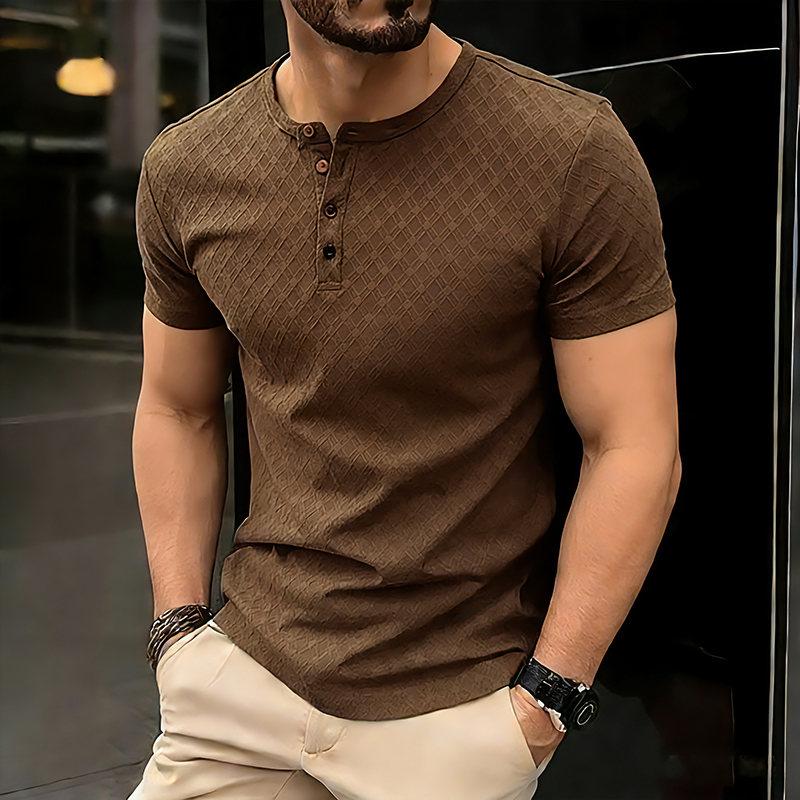 

Men s Summer Grid Waffle Solid Color Hip Hop T-Shirt Henry Collar Casual Button Short Sleeve Fashion Streetwear Basic Top Tees L кофейный