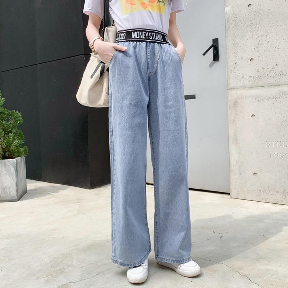 

Эластичная талия с надписью прямые брюки лето новый высокая талия тонкие свободные корейская версия универсальные повседневные джинсовые брюки XXL светло-синий