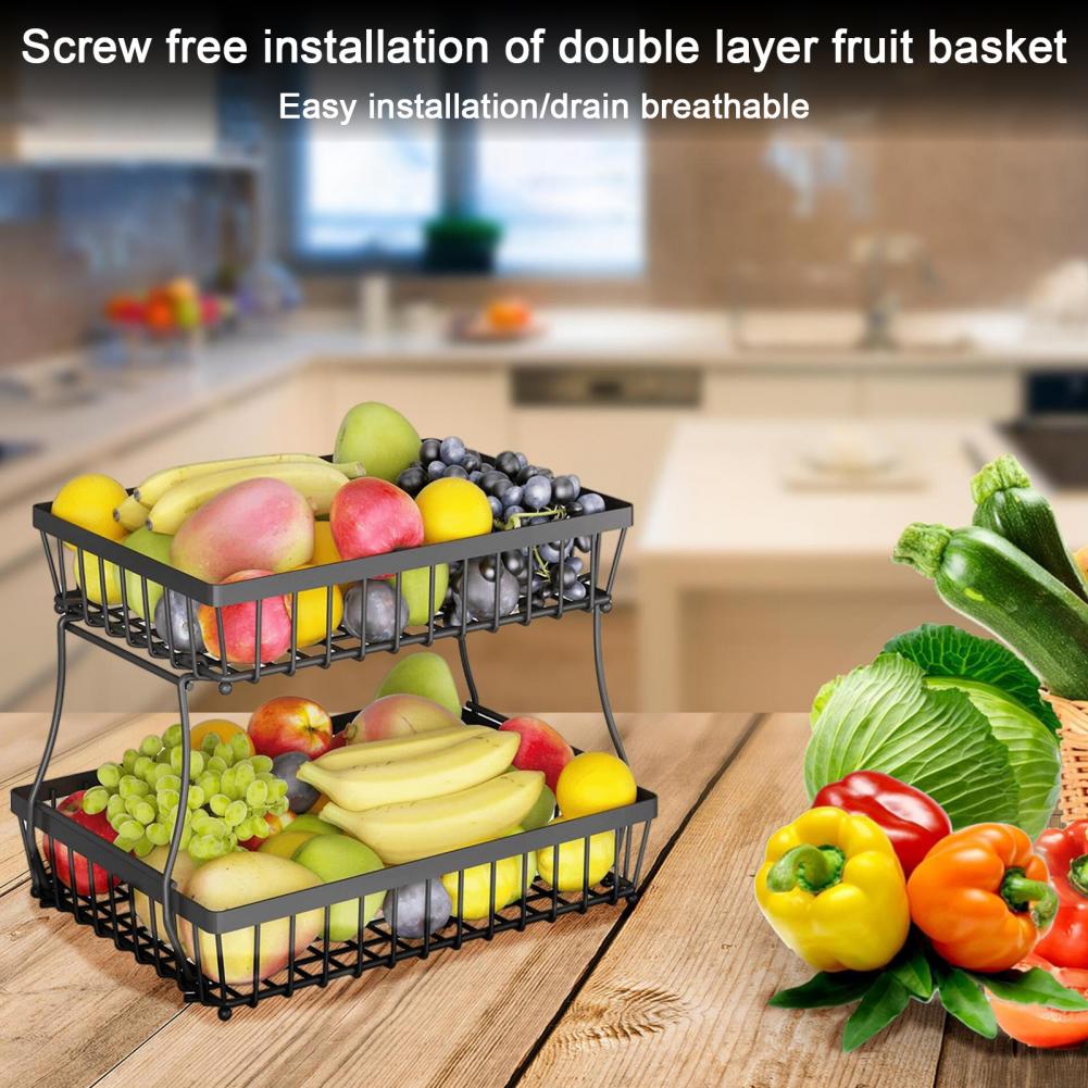 Storage Basket 2 Tier Countertop Large Capacity Rectangular Fruit Basket With Banana Hangers Detachable Fruit Storage Rack nero