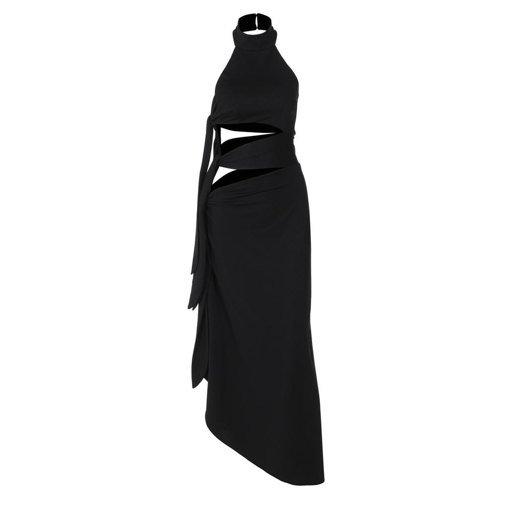 European and American Style New Sexy Hollow Backless Splicing Strap Long Split Neck Dress Women
