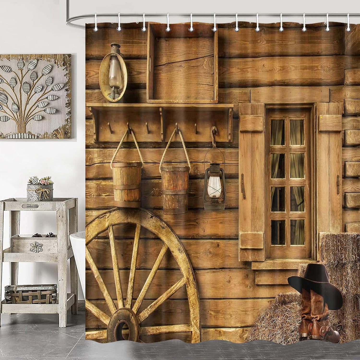 

Rustic Western Barn Door Shower Curtains,Cowboy Hat Boot Farmhouse Decor Curtain Sets for Bathroom, Fabric Waterproof Vintage Wo 90x180cm