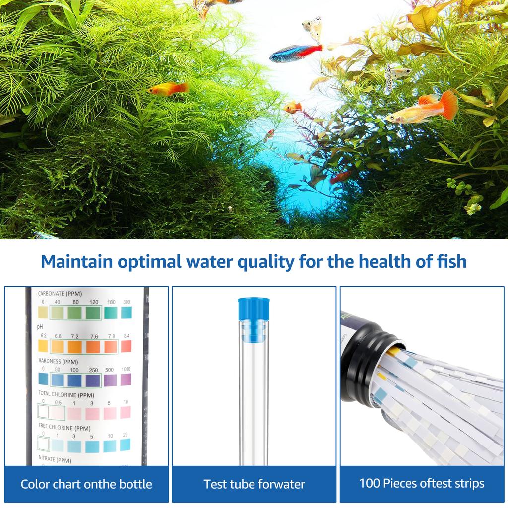100Pcs Aquarium Test Strips 7 in 1 Fish Tank Test Kit with Test Tube Fast Accurate Aquarium Water Testing Strips for Carbonate