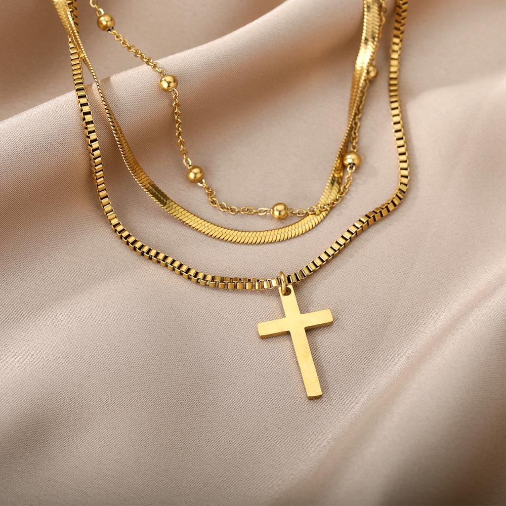 

316L Stainless Steel Multi layered Cross Pendant Necklace For Women Gold Color Choker Chain Christmas Jewelry Gifts Dropshipping