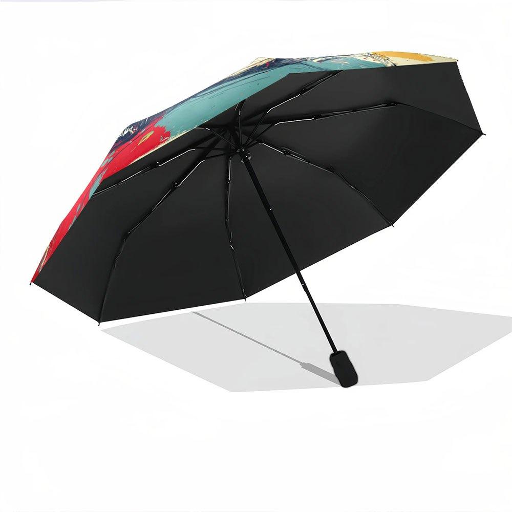 Drum Set Umbrella - Open/Close 8-Rib Compact Folding Drumstick & Drum Design with Music Notes - Portable Music-Themed Umbrell