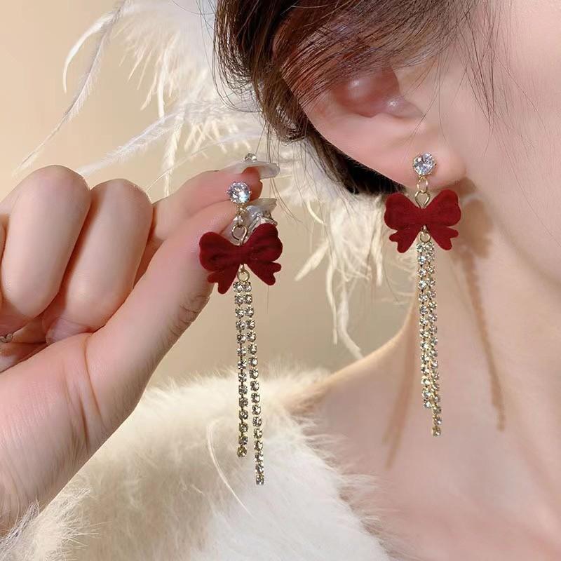 Long Ankara Red Bow Flocking Stud Earrings Women'S Light Luxury High-End Fashion Versatile Earrings Fringed Ears