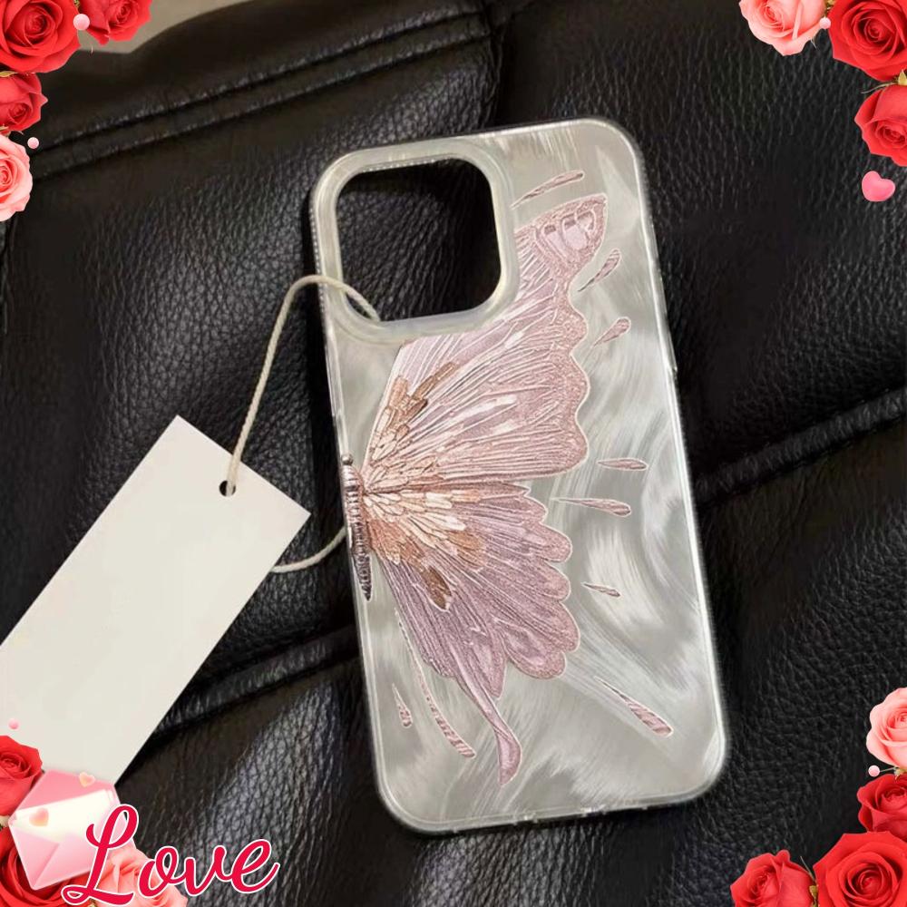 Pink butterfly silver feather gauze phone case suitable for iPhone 17 16 15 14 13 12 11 Pro/Max/Plus anti drop and shockproof