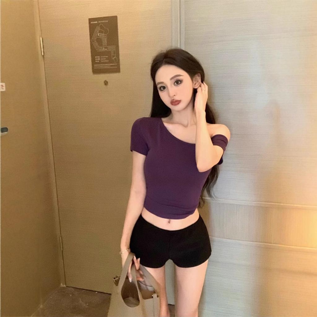 Women's Off Shoulder Short Sleeve Tunic Top Slim Fit Solid Color Casual Tee