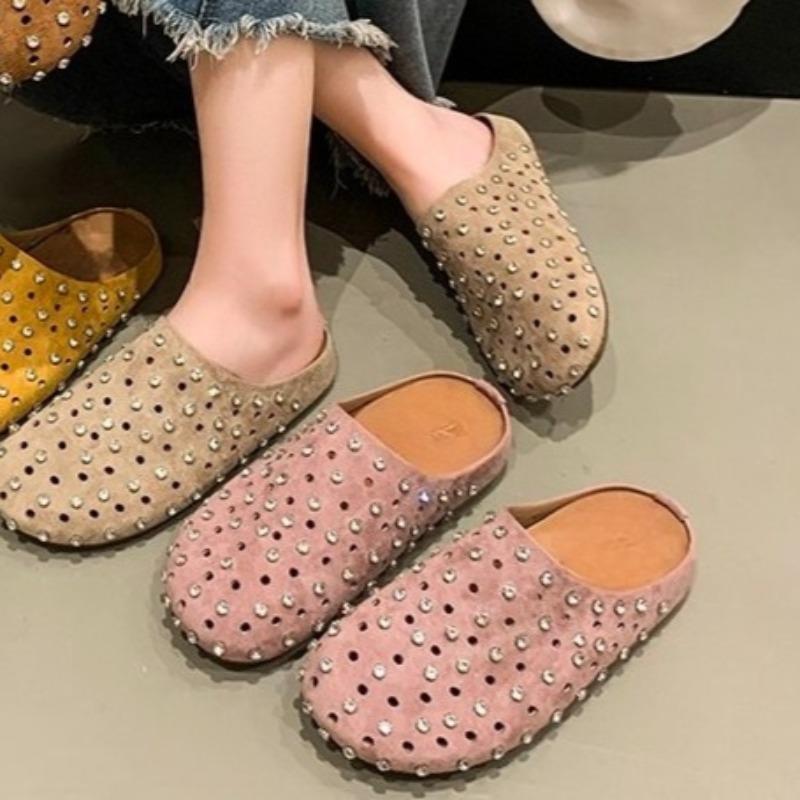 Rhinestone Hollow Baotou Spring Slippers Women's Outside Breathable New Round Head Foot Slip Fashion Flat Bottom Half Support