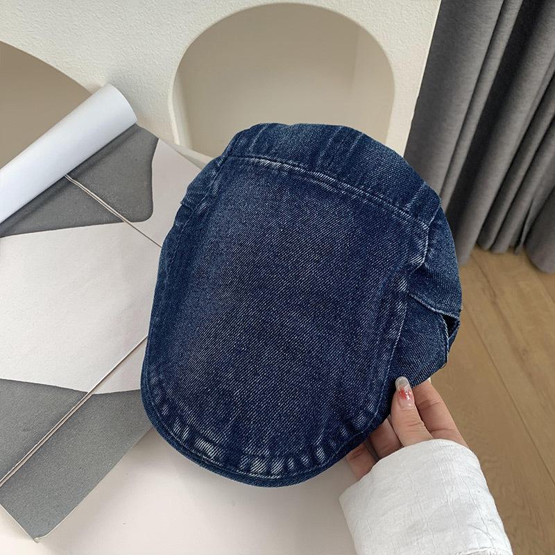 Retro Washed Denim Forward Hat Women's Korean Version Big Head Circumference Showing Face Small Beret British Style Literary and Art Newspaper 
