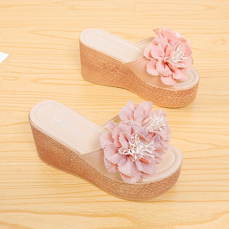 Fashion Women Mule Clogs 90mm Heels Wedge Sandals Female Flower Appliquere Platform Slide Slippers