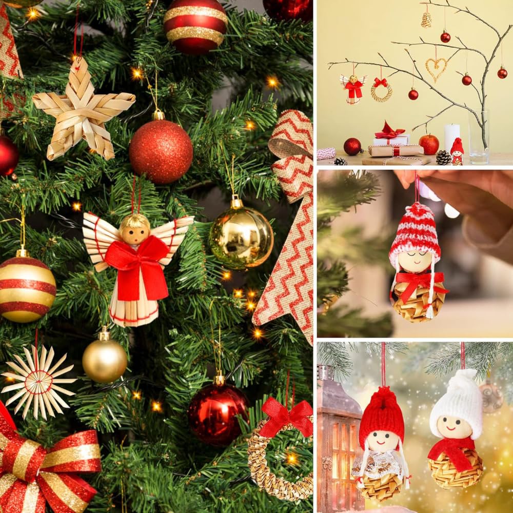 Christmas Tree Ornament Straw and Teru Teru Bou Perfect for Christmas and In a Wooden Box 52-Piece Set, Crafts, Snowflakes, (Lucky Dolls) - Gifts,